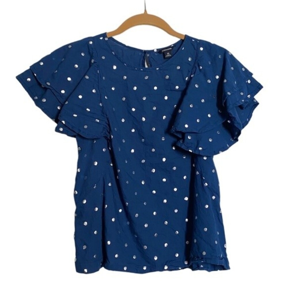 J.Crew JEANS Blue Flutter Sleeve Polka Dot Blouse with Silver Foil Polka Dots XS